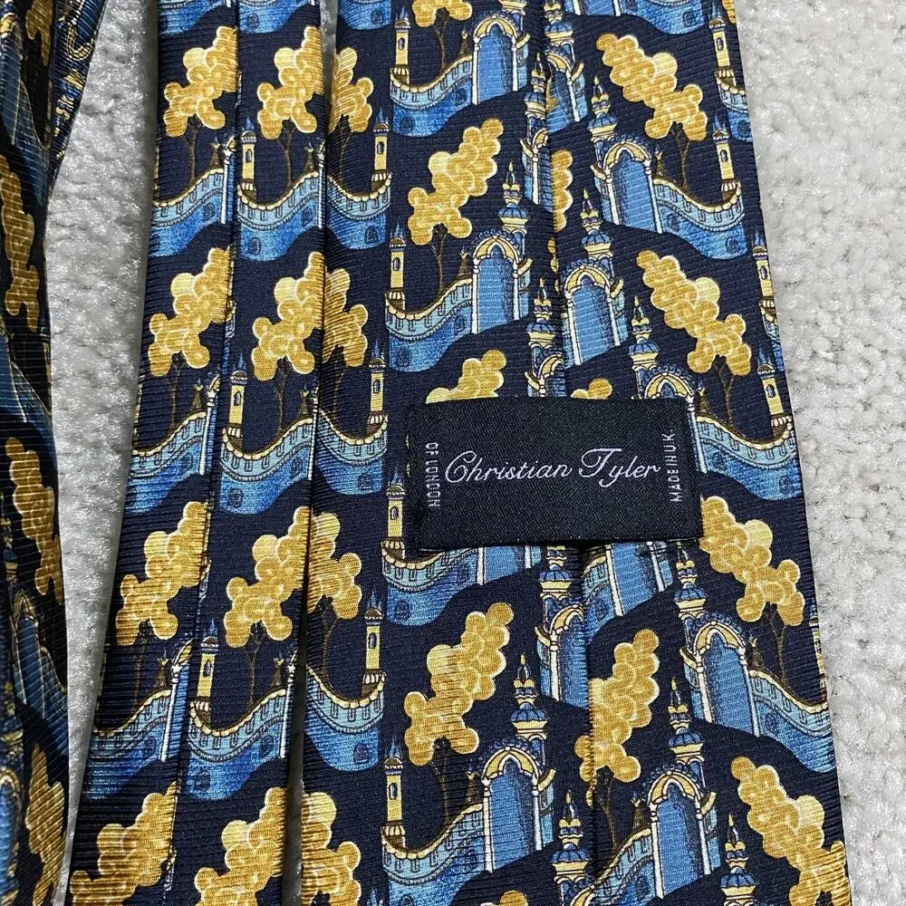 Christian Tyler Silk Tie Mens Blue Geometric Cityscape Jacquard Necktie London